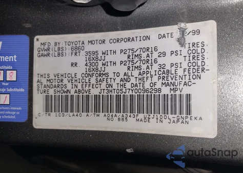 2000 Toyota Land Cruiser from USA, damaged, VIN JT3HT05J7Y0096298